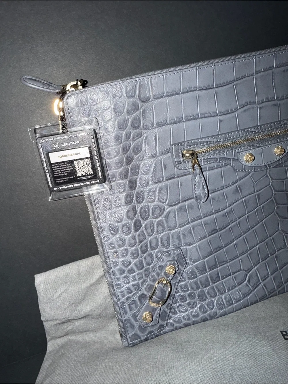 Balenciaga Croc-Embossed Leather Pouch in Slate Gray with Gold Hardware Auth COA